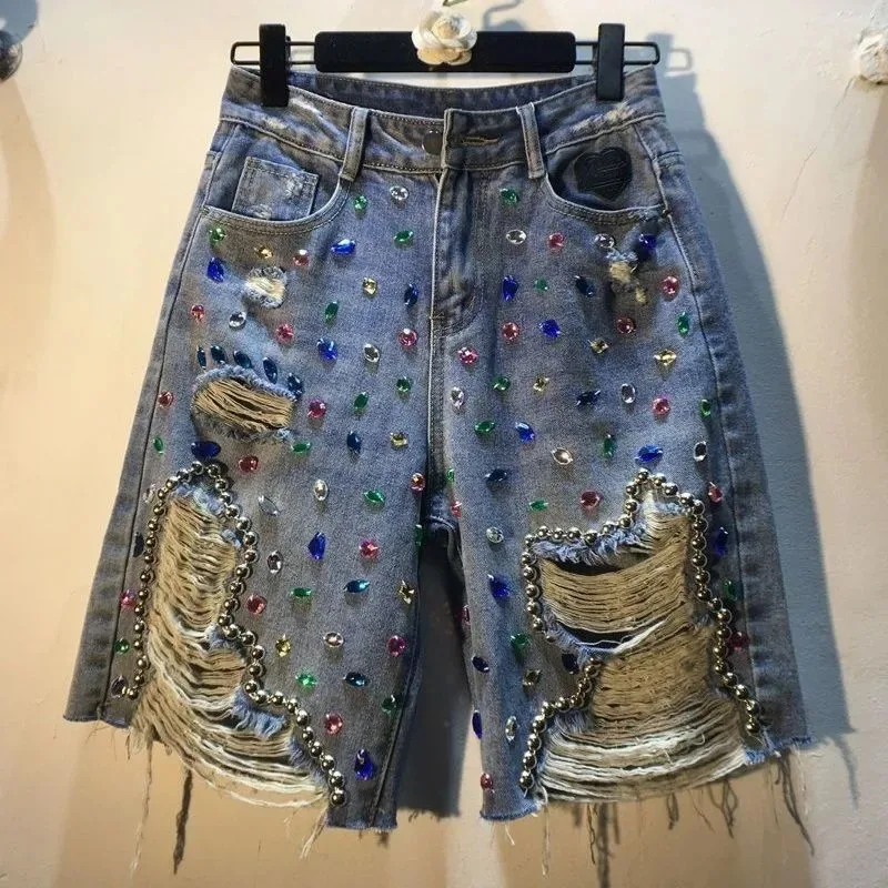 Embroidery Jeans Sakura - 여성용 2026 다이아몬드 장식 여름 하이웨이스트