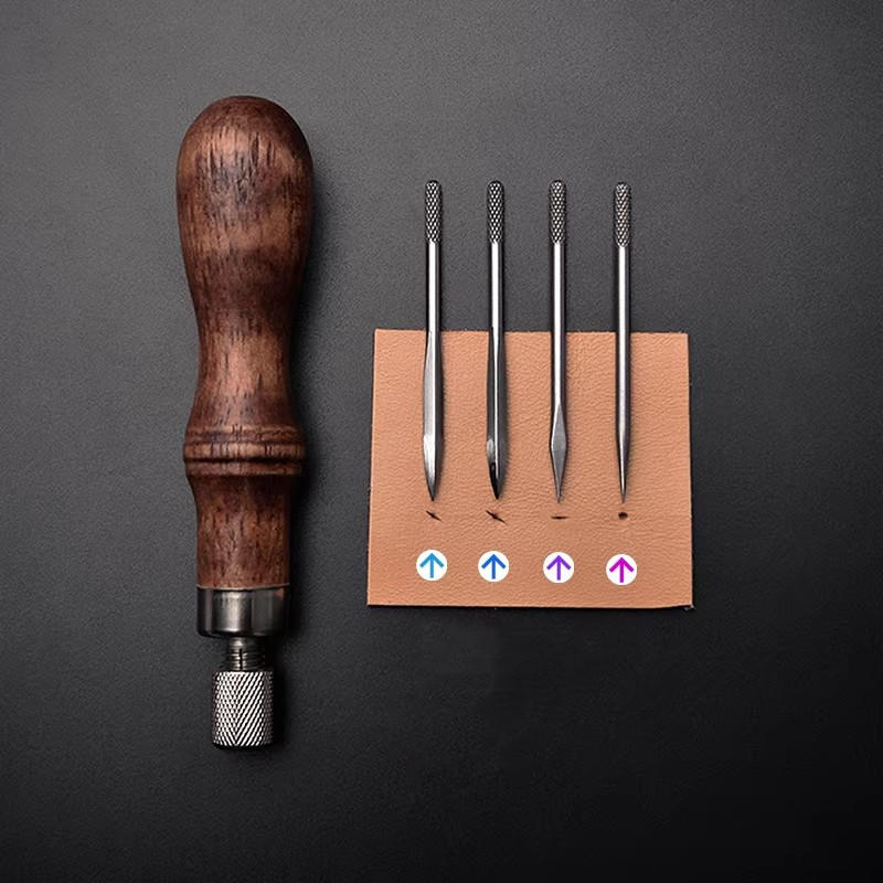 Punch Needle Handle - 나무 손잡이가 있는 4-in-1 가죽 펀치