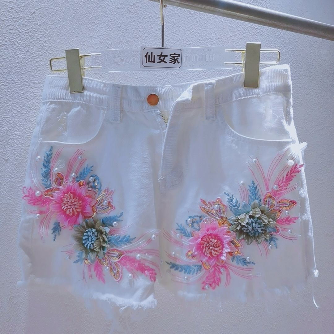 Embroidery Jeans Sakura - 한국 패션 여성 여름 데님 반바지