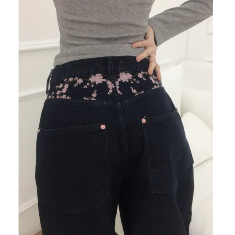 사쿠라 자수 루즈 스카이스 진 캐주얼 하이웨이스트 스트 - Embroidery Jeans Sakura 리뷰 및 가격