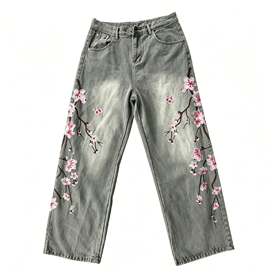하이웨이스트 루즈핏 스트레이트 청바지 (십대용) 캐주얼 - Embroidery Jeans Sakura 리뷰 및 가격