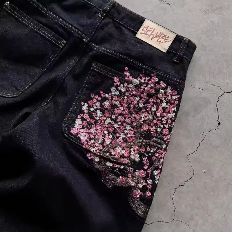 Y2K 남성 여성 하라주쿠 힙합 자수 레트로 블랙 배기 - Embroidery Jeans Sakura 리뷰 및 가격