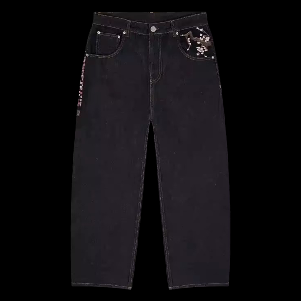 Y2K 남성 여성 하라주쿠 힙합 자수 레트로 블랙 배기 - Embroidery Jeans Sakura 리뷰 및 가격