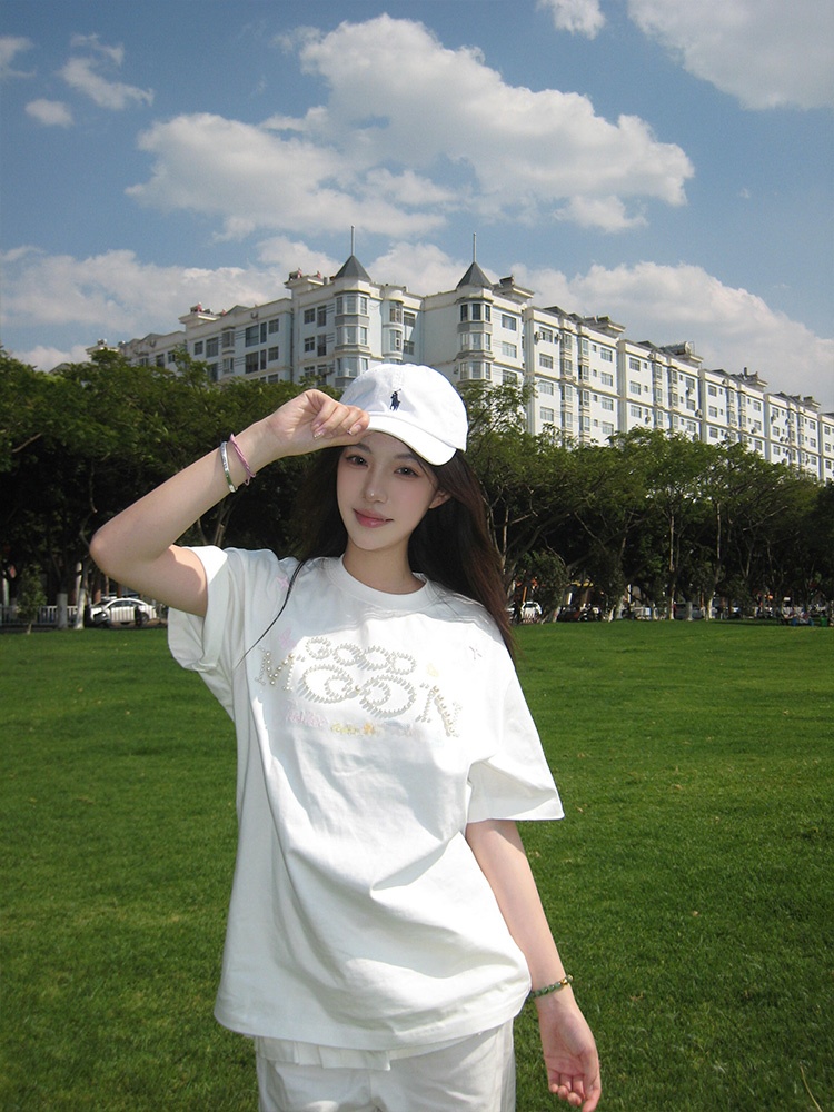 아메리칸 하이 스트리트 스타일 반팔 티셔츠 여성 여름  - Embroidery Font Free 리뷰 및 가격