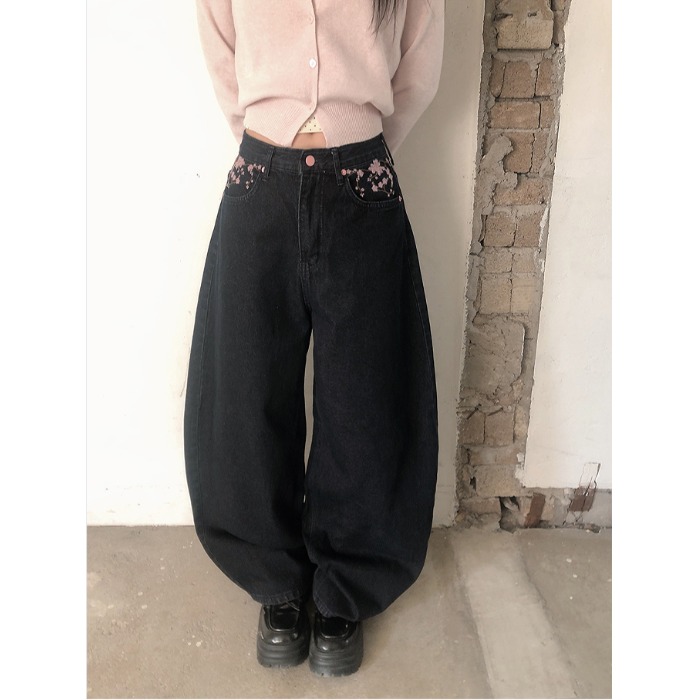 하이웨이스트 사쿠라 자수 와이드 레그 진 다용도 초봄  - Embroidery Jeans Sakura 리뷰 및 가격