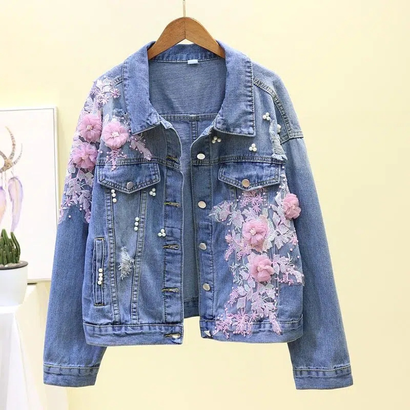 2022 여성용 자수 데님 숏 재킷, 봄 가을 아플리케 - Embroidery Jeans Sakura 리뷰 및 가격