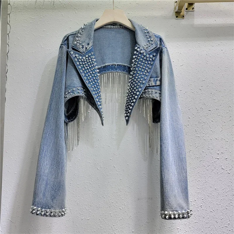 라인스톤 비즈 태슬 리벳 데님 재킷 숏 크리스탈 프린지 - Embroidery Jeans Sakura 리뷰 및 가격