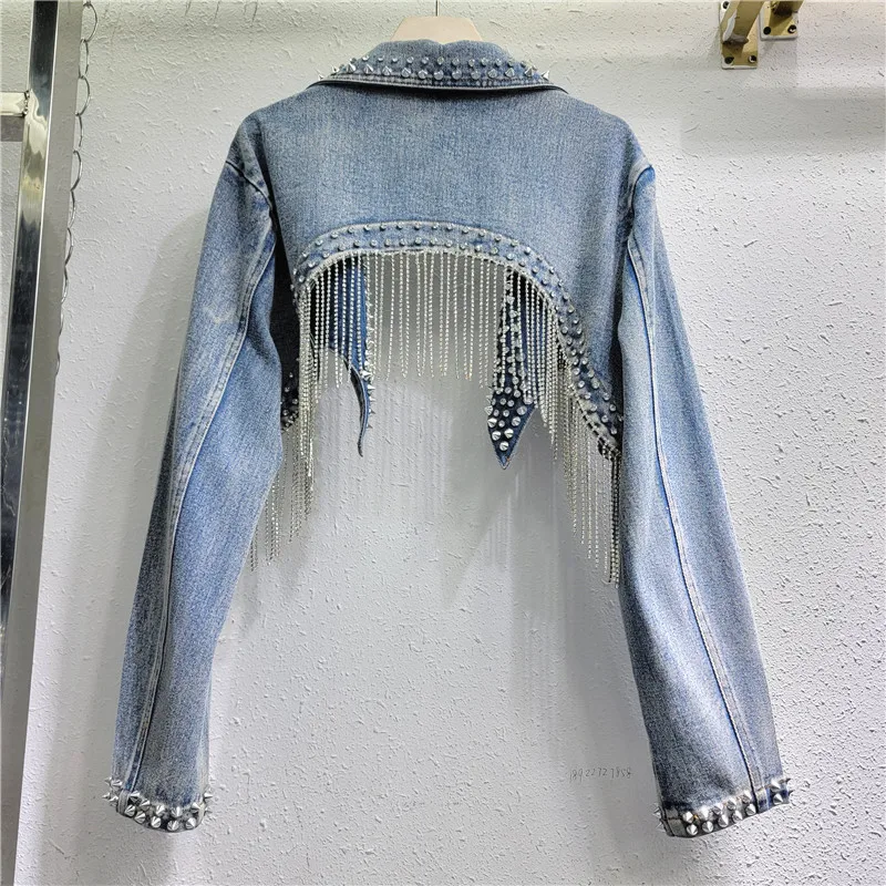 라인스톤 비즈 태슬 리벳 데님 재킷 숏 크리스탈 프린지 - Embroidery Jeans Sakura 리뷰 및 가격